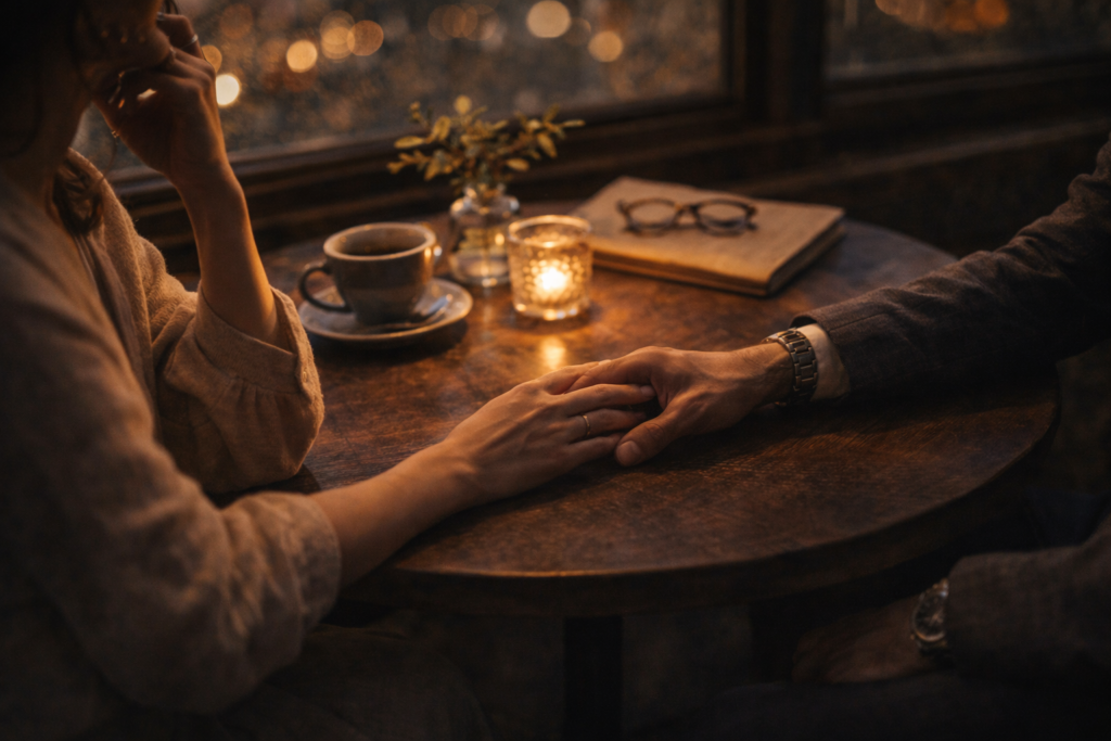 カフェのテーブルで手を重ねる男女の手元とコーヒー、静かな親密さが伝わる場面