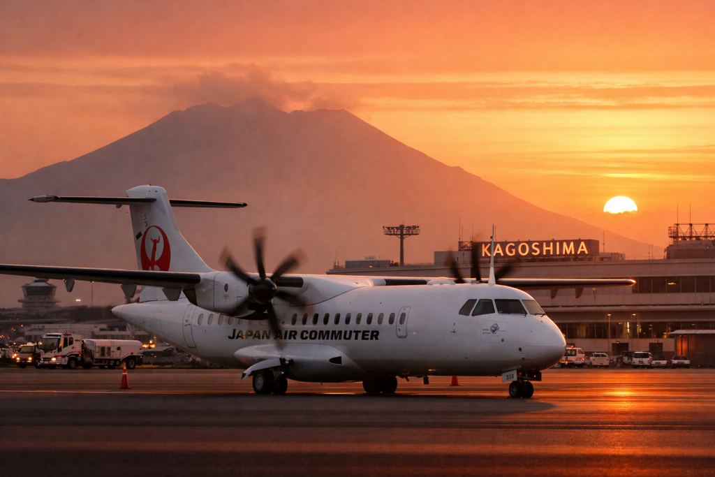 鹿児島空港で夕日と桜島を背景に駐機する日本エアコミューター（JAC）のATR 72旅客機