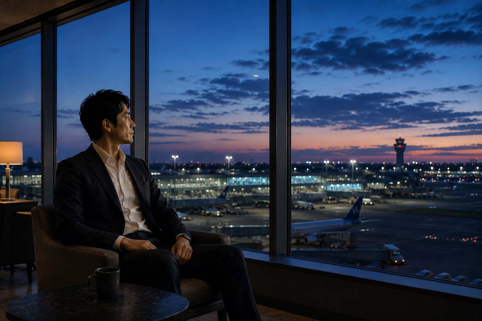 35歳の男性が空港ラウンジで人生のタイミングと判断について静かに考えている夕暮れの風景