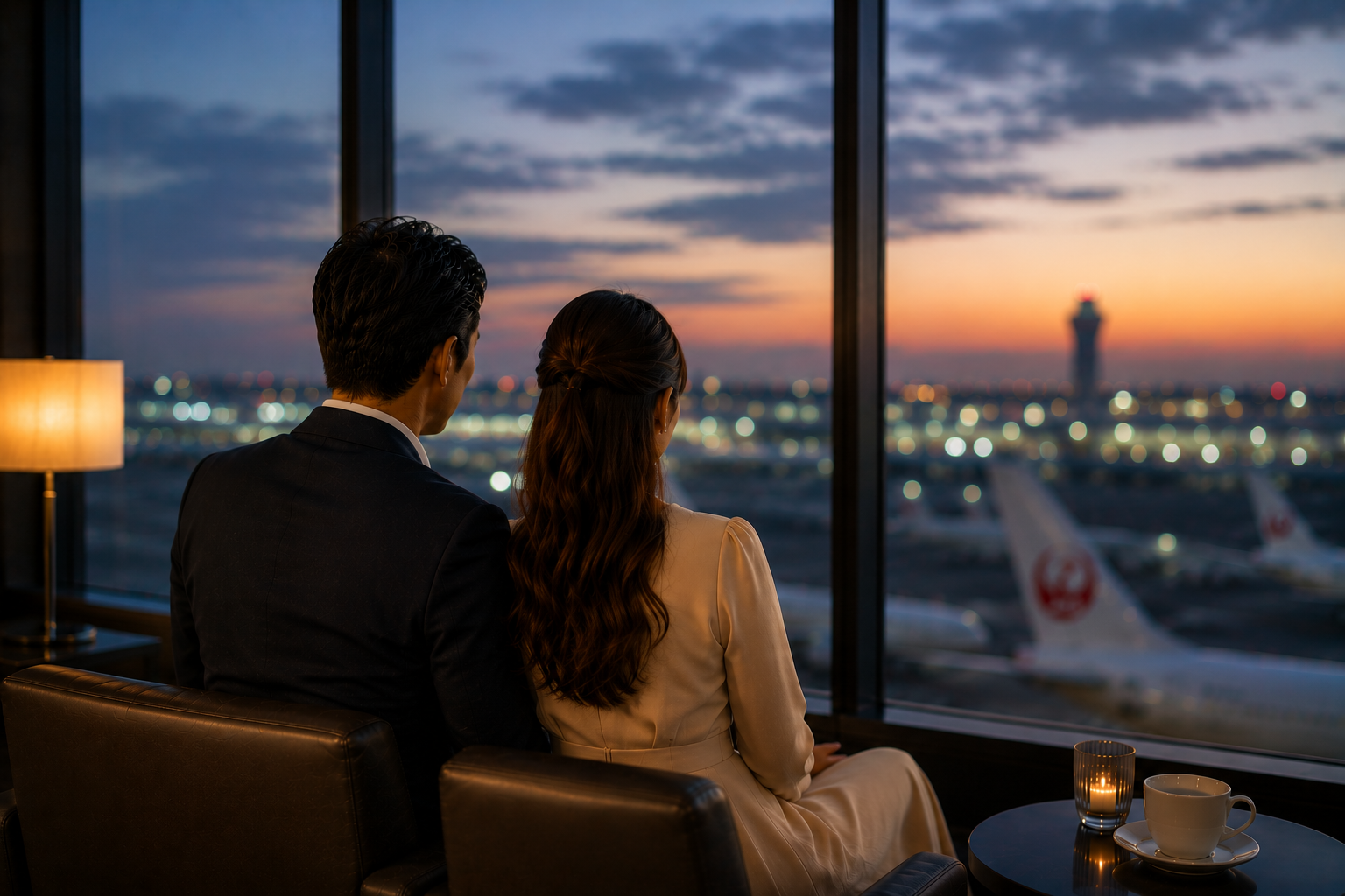 40代の日本人男女が空港ラウンジの大きな窓辺で夕暮れの滑走路を静かに眺める後ろ姿。パイロットと航空業界で働く人との恋愛や結婚、人生の距離感を表現した上品な横長イメージ