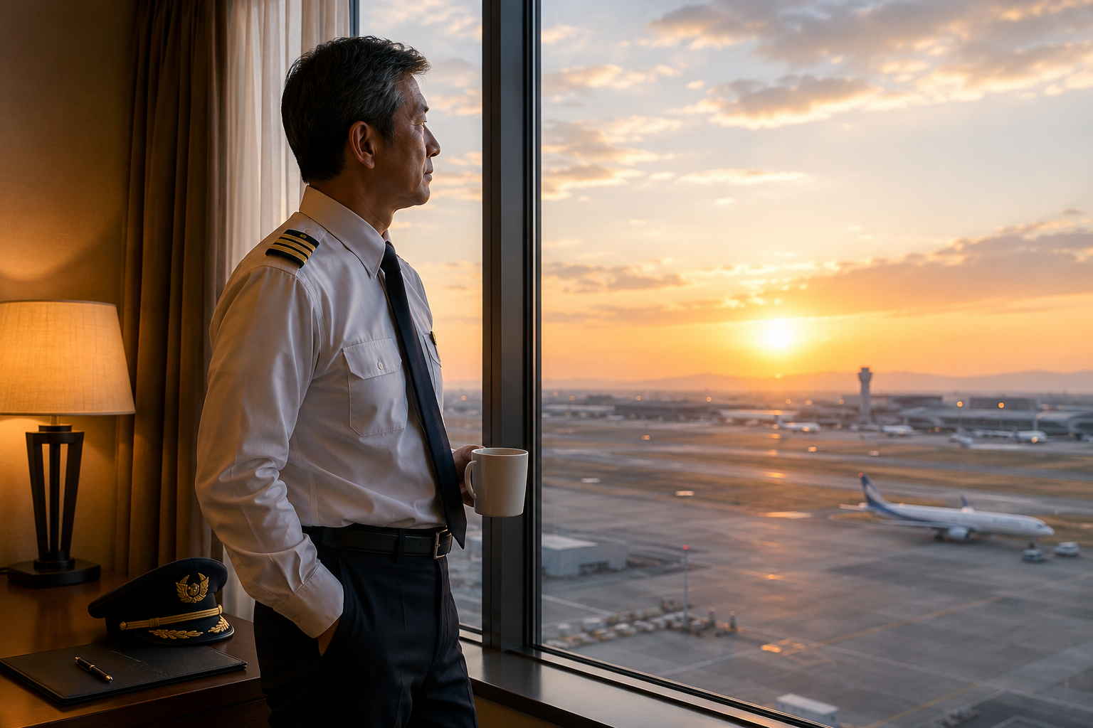 空港を望むホテルの窓辺で朝の空を見つめる現役エアライン機長｜パイロットという仕事と人生を考える